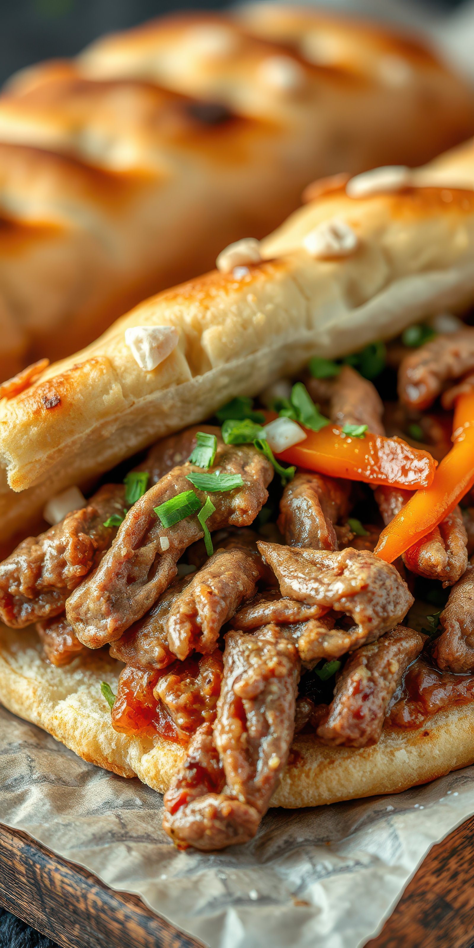 Juicy meat sandwich with fresh vegetables served on warm bread in a cozy setting